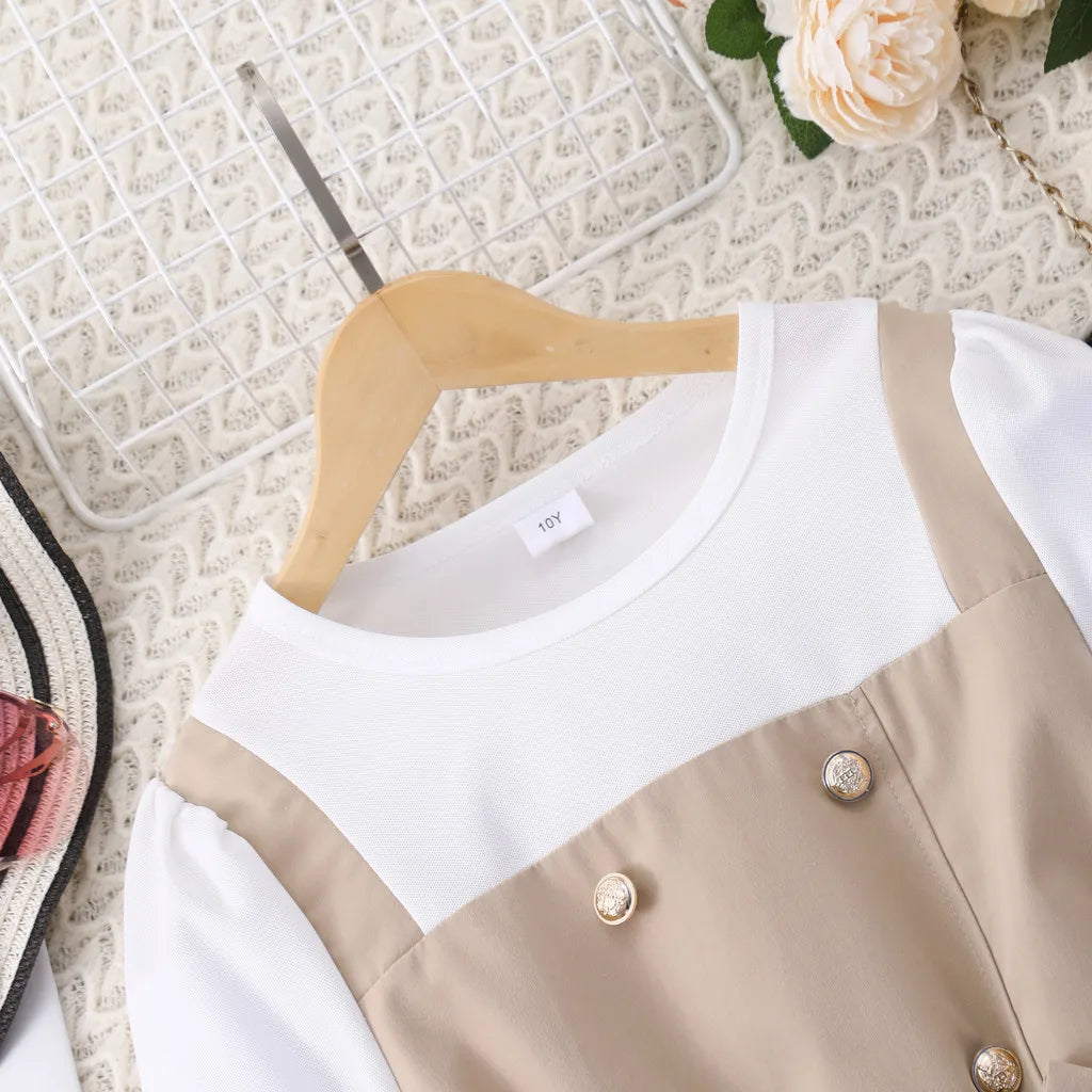 Kids Girl Khaki Dress Long Sleeve School Children Dresses Fashion Vacation Party Retro British Teen Girls Dress 8 9 10 11 12 Yrs