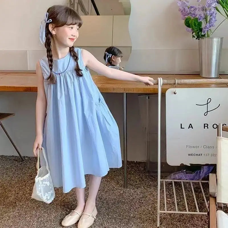 KIDCRKJ Summer 2-12 Years Children Girls Dress Solid Ruched Sleeveless Pockets Kids Girls Dress Sweet Loose Teenager Girls Dress
