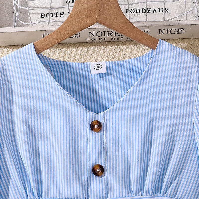 Kids Casual Dress for Girls Clothes Autumn Winter 2024 New Child Fashion V-neck Long Sleeve Blue Striped Princess Dress 7-8Y