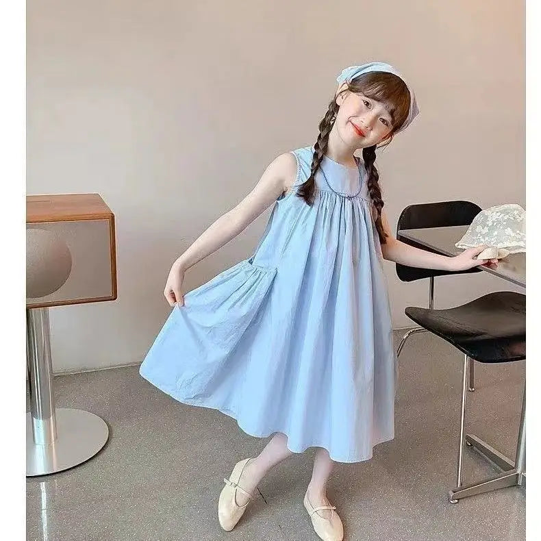 KIDCRKJ Summer 2-12 Years Children Girls Dress Solid Ruched Sleeveless Pockets Kids Girls Dress Sweet Loose Teenager Girls Dress