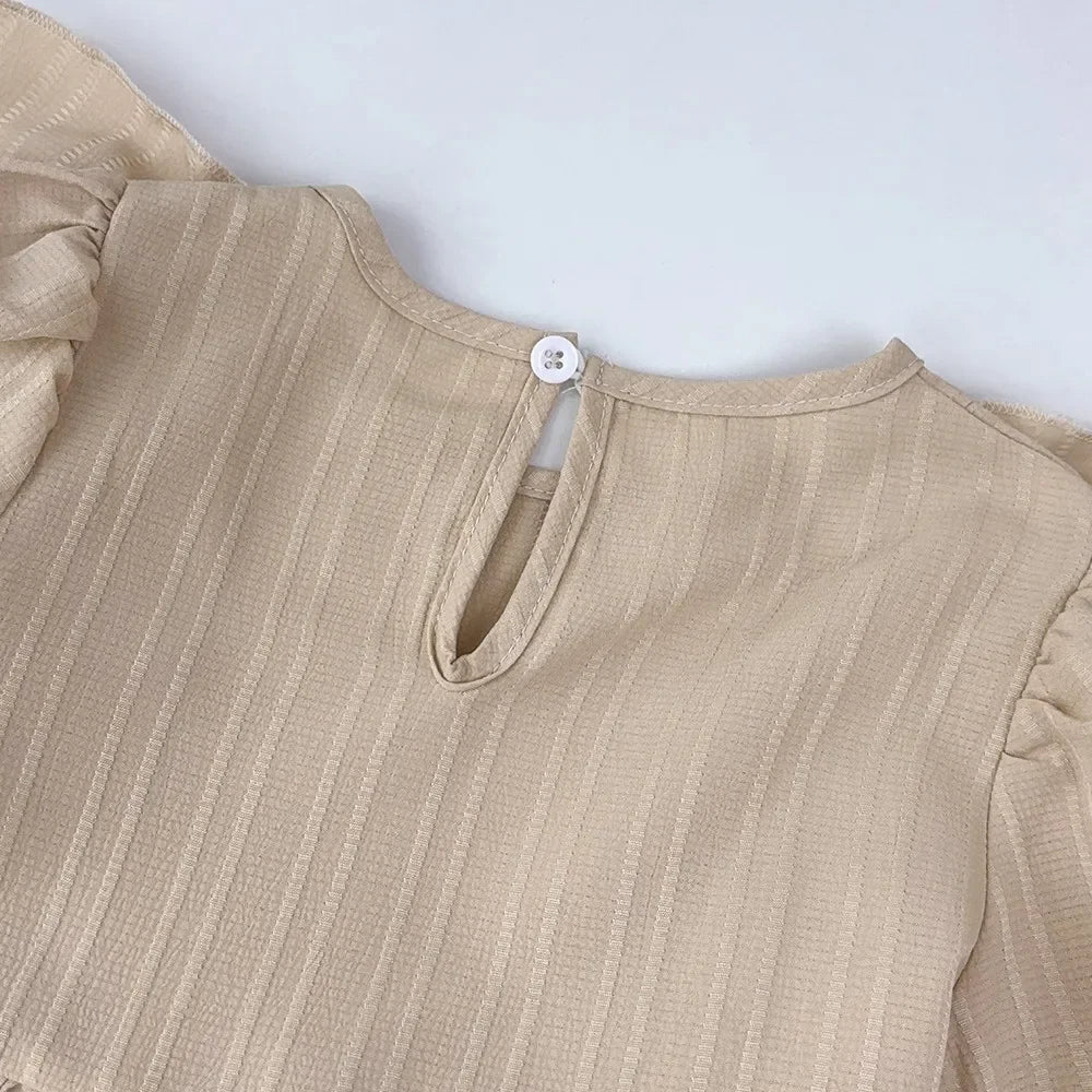 Kids Clothes Autumn Round Neck Long Sleeved Pleated Edge Solid Color Dress Children's Daily Casual Wear 3-7Y Girl Dresses
