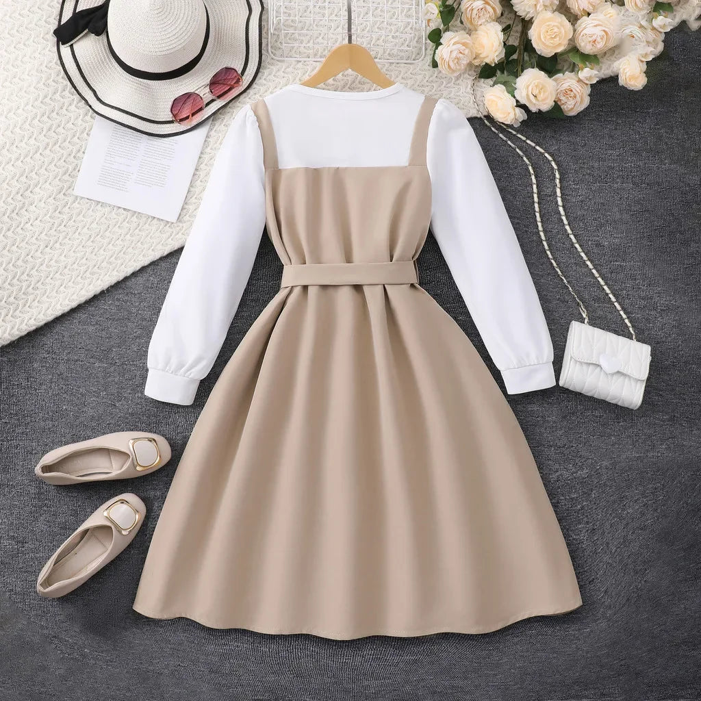 Kids Girl Khaki Dress Long Sleeve School Children Dresses Fashion Vacation Party Retro British Teen Girls Dress 8 9 10 11 12 Yrs