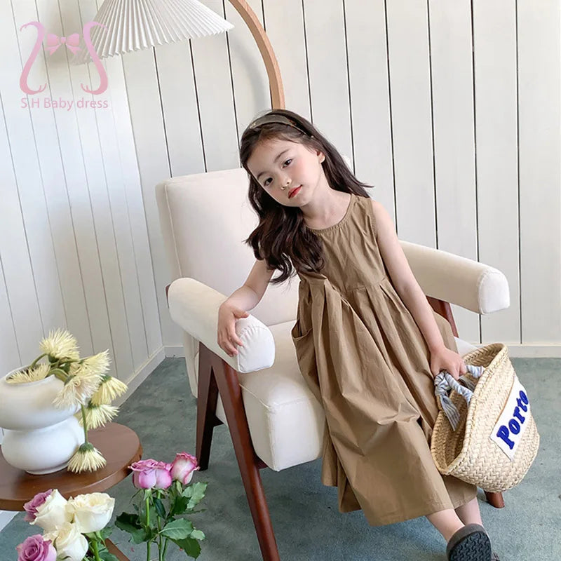 Fashion Girls Cotton Large Skirt Fairy Dress Summer Children's Clothing Kids Sleeveless Korean style Sweet Cool Princess dresses
