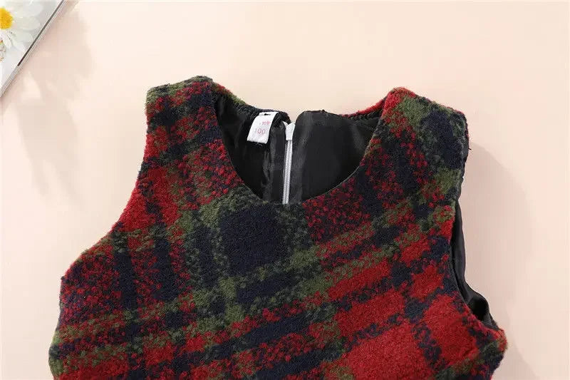 Kids Girls Woolen Dress 2024 New Arrival Autumn Winter Clothes Children Red Plaid Vest Dresses Casual Sleeveless Vest Dress
