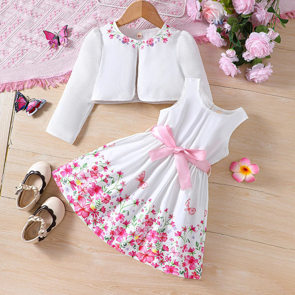 Kids Casual Clothing Sets Outfits For Girls Spring Summer Toddler Floral Print Long Sleeve Coat Tank Dress Children Clothes