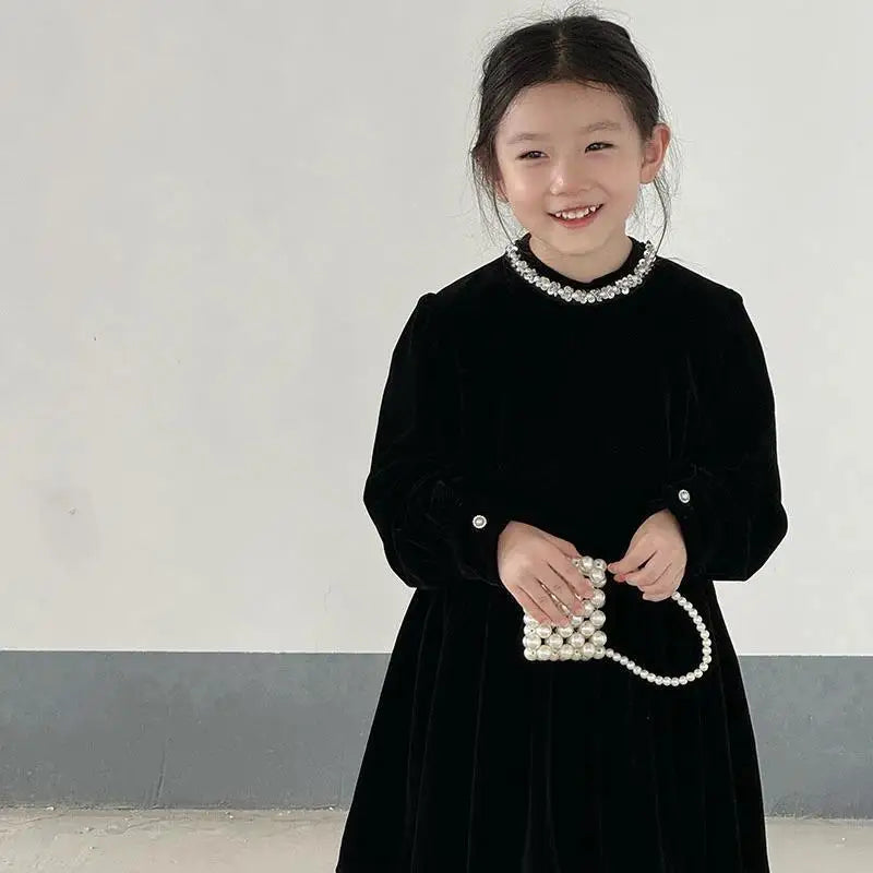 Children Clothing 2025 Autumn and Winter New Black Velvet Dress Girls Temperament High-end Hepburn Style Princess Dress