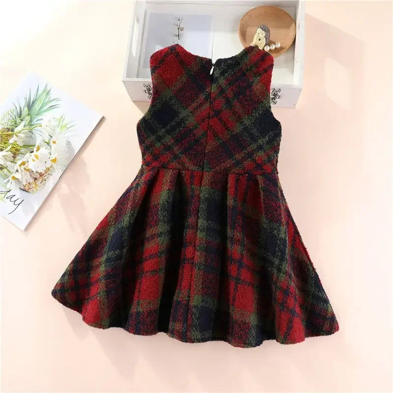 Kids Girls Woolen Dress 2024 New Arrival Autumn Winter Clothes Children Red Plaid Vest Dresses Casual Sleeveless Vest Dress