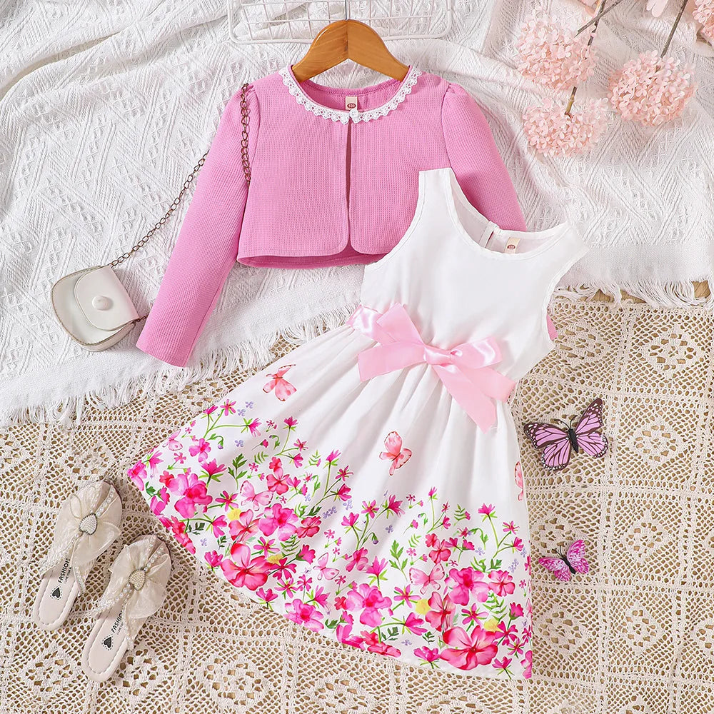 Kids Casual Clothing Sets Outfits For Girls Spring Summer Toddler Floral Print Long Sleeve Coat Tank Dress Children Clothes