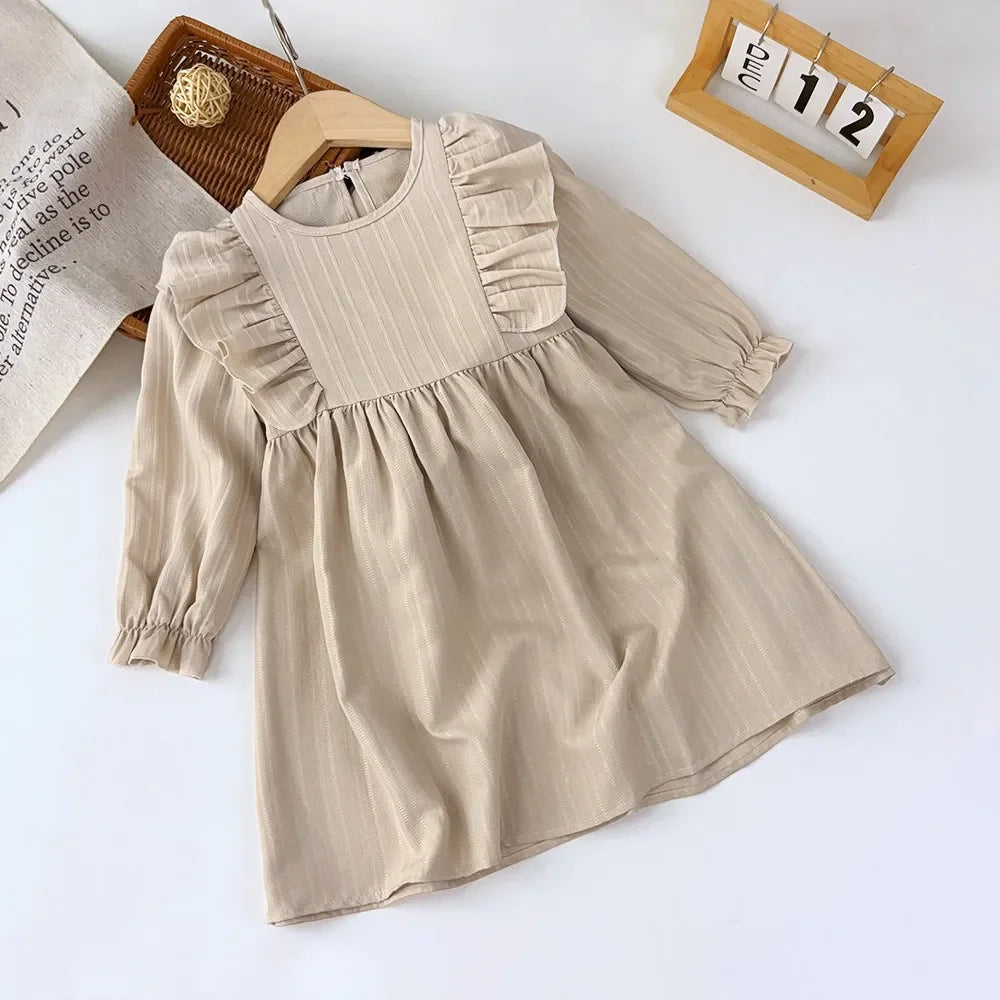 Kids Clothes Autumn Round Neck Long Sleeved Pleated Edge Solid Color Dress Children's Daily Casual Wear 3-7Y Girl Dresses