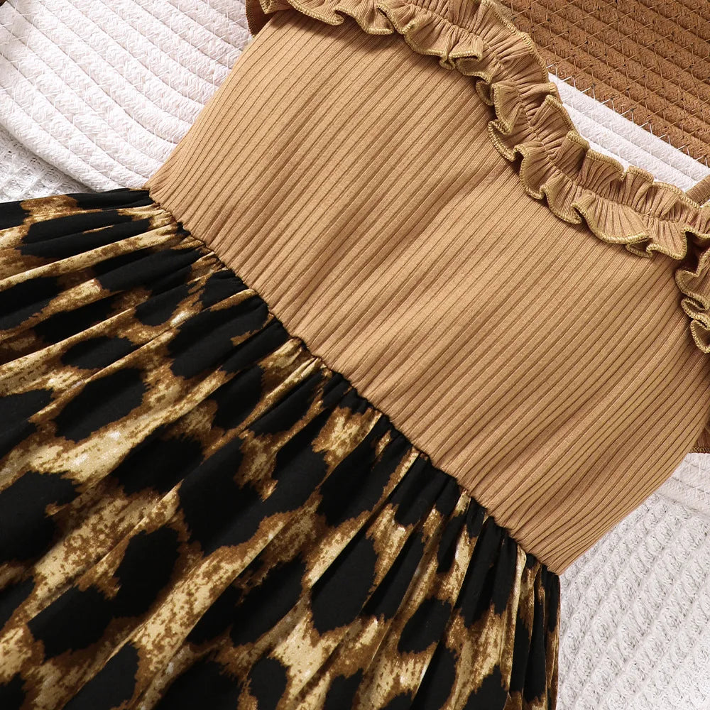 Toddler Girls' Khaki & Leopard Print Paneled Camisole Dress - Ribbed Fabric with Ruffled Trim, Sweet Edgy Retro Spring & Summer