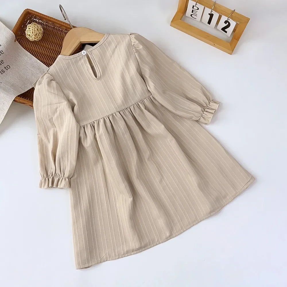 Kids Clothes Autumn Round Neck Long Sleeved Pleated Edge Solid Color Dress Children's Daily Casual Wear 3-7Y Girl Dresses