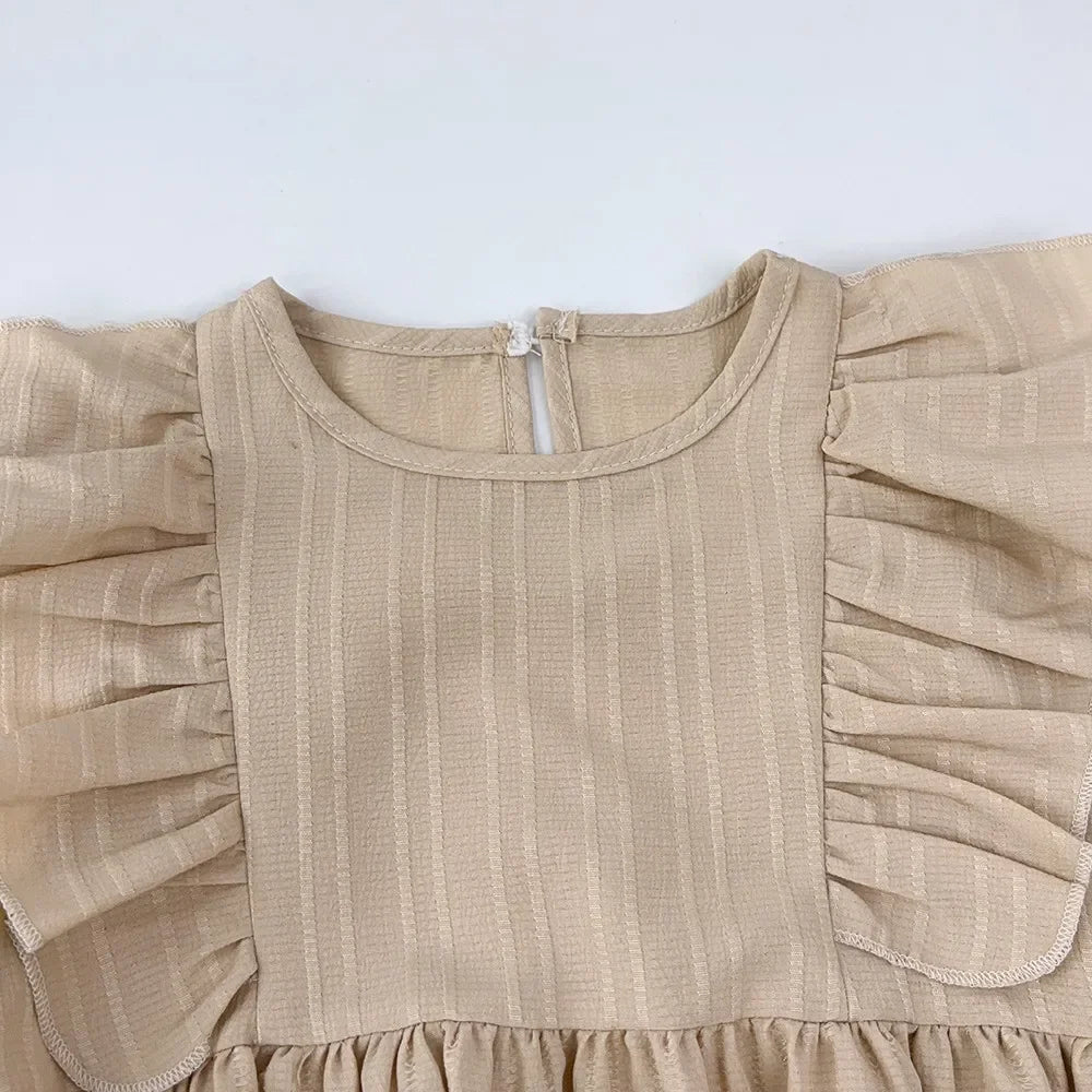 Kids Clothes Autumn Round Neck Long Sleeved Pleated Edge Solid Color Dress Children's Daily Casual Wear 3-7Y Girl Dresses