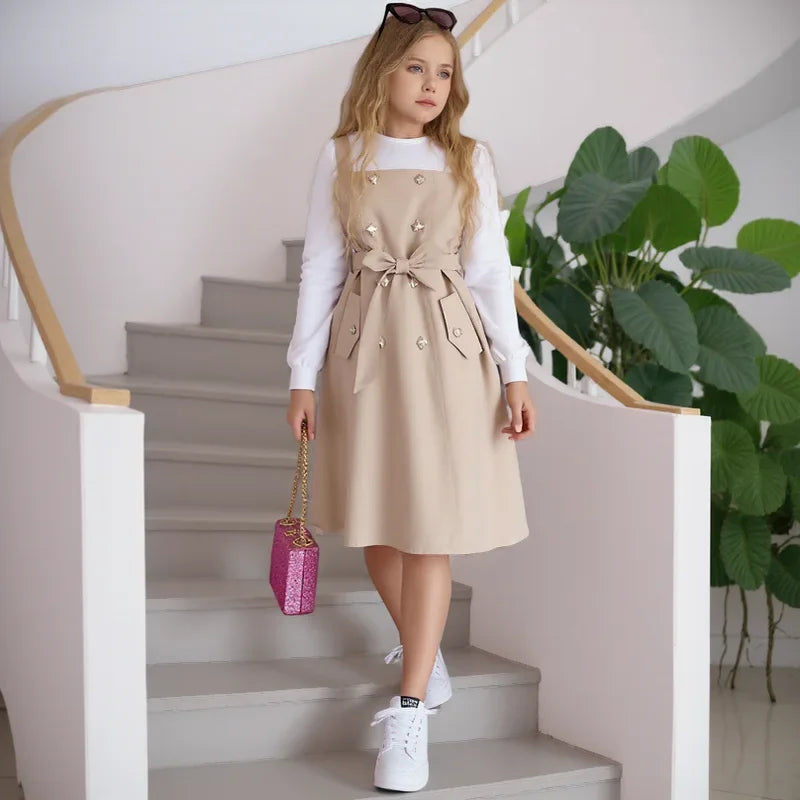 Kids Girl Khaki Dress Long Sleeve School Children Dresses Fashion Vacation Party Retro British Teen Girls Dress 8 9 10 11 12 Yrs
