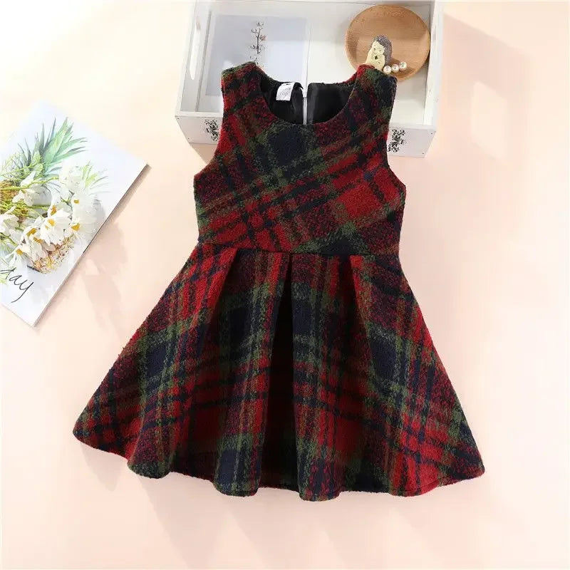 Kids Girls Woolen Dress 2024 New Arrival Autumn Winter Clothes Children Red Plaid Vest Dresses Casual Sleeveless Vest Dress