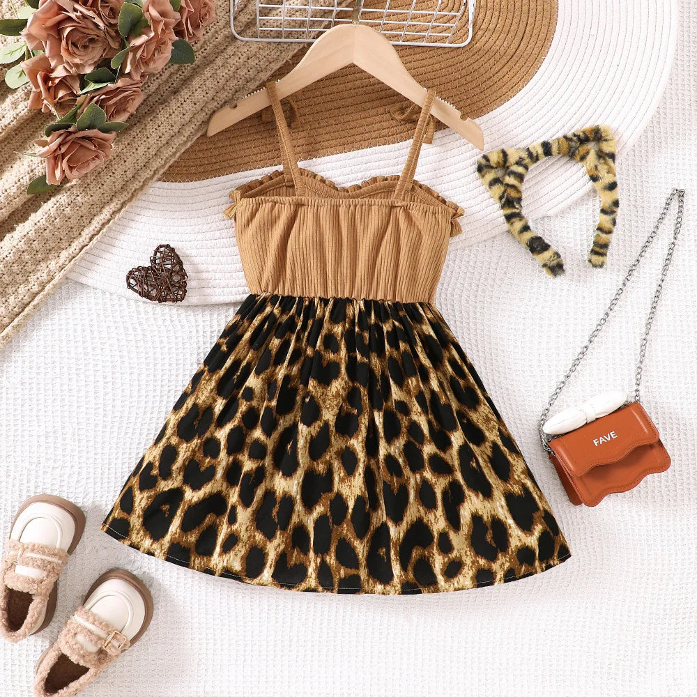 Toddler Girls' Khaki & Leopard Print Paneled Camisole Dress - Ribbed Fabric with Ruffled Trim, Sweet Edgy Retro Spring & Summer