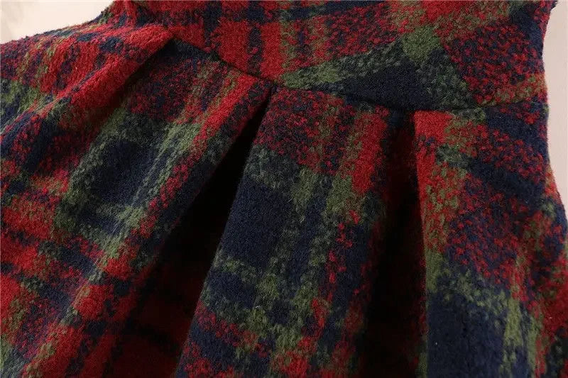 Kids Girls Woolen Dress 2024 New Arrival Autumn Winter Clothes Children Red Plaid Vest Dresses Casual Sleeveless Vest Dress