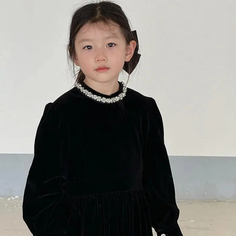 Children Clothing 2025 Autumn and Winter New Black Velvet Dress Girls Temperament High-end Hepburn Style Princess Dress