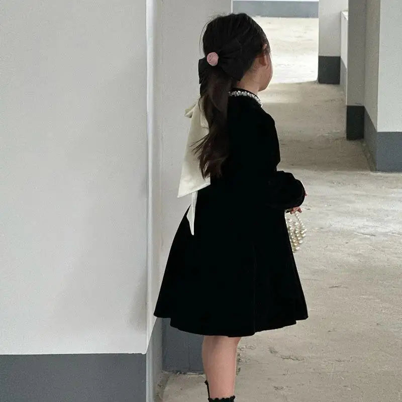 Children Clothing 2025 Autumn and Winter New Black Velvet Dress Girls Temperament High-end Hepburn Style Princess Dress