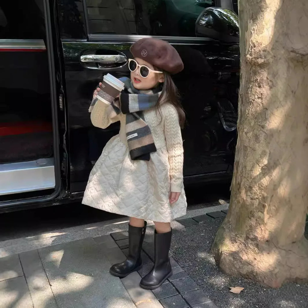 Korean Children Clothing Children Autumn and Winter New Dress 2024 Girls Sweater Splicing Cotton Girls Long Dress