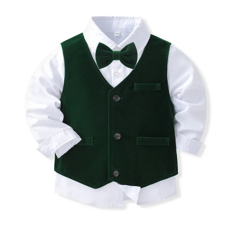 4Piece Baby Set Spring Fall Toddler Boy Clothing Korean Fashion Gentleman Tie Suede Vest+Tops+Pants Kids Boutique Clothes B003