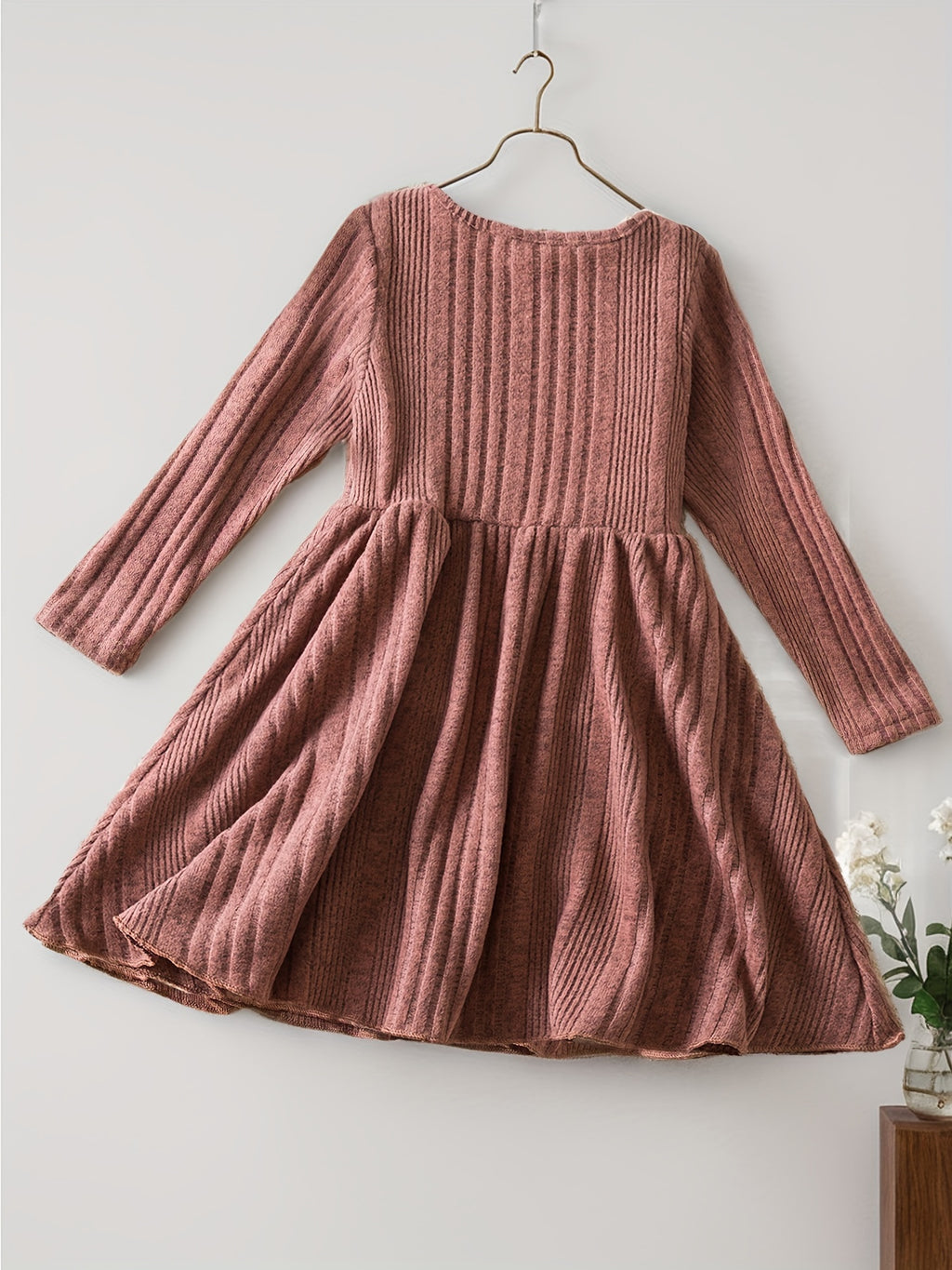 Toddler Girl Long Sleeve Knit Dress For Baby Girls Casual Kids Clothes Soft Slight Stretch Fabric, Button Decor Pleated Hem Perfect For Autumn Winter Seasons