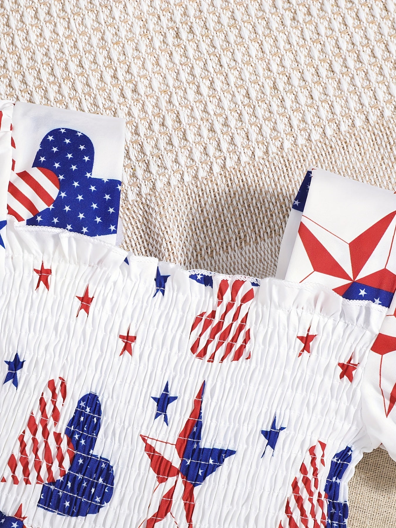 Toddler Girls Puff Sleeve Frill Trim Shirred Striped Pentagram Heart Graphic Ruffled Hem Princess Dress For Independence Day Party Kids Summer Clothes