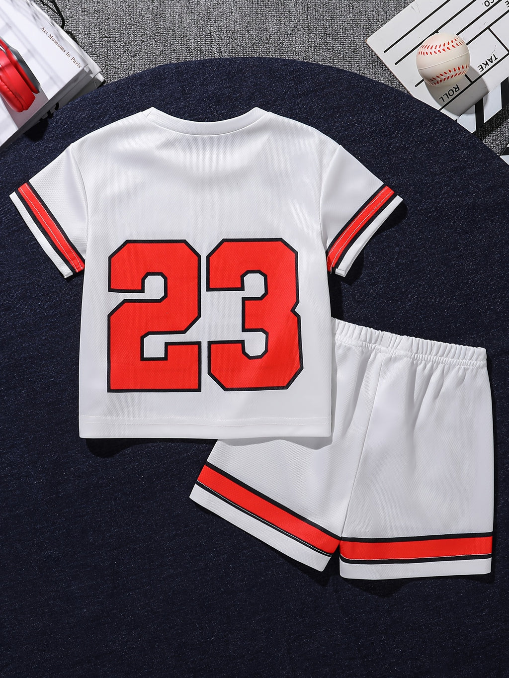 Boys' Digital Print Casual Short Sleeve Round Neck T-Shirt and Elastic Waist Shorts Set, Summer Kids Clothing, Baby Clothes, Toddler Tee, Children's Outfit, Suitable for Outdoor Wear, Perfect for Outdoor