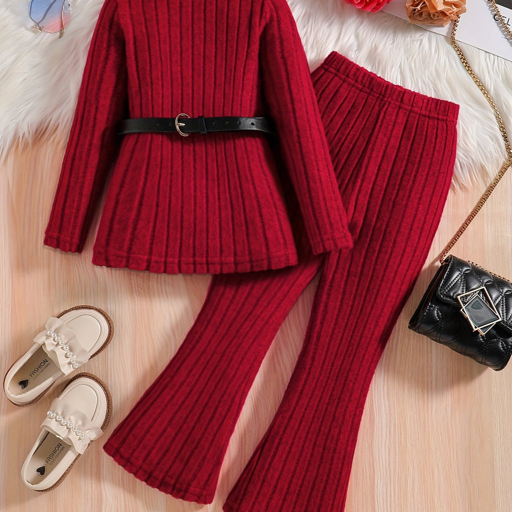 2pcs Girls' Elegant Lady Style Autumn/Winter Set: Soft Knit High-Neck Long-Sleeve Top with Waist Belt and Solid Color Elastic Waist Flared Pants, Simple Fashionable Comfortable Versatile Kids' Clothing for Girls, Perfect for