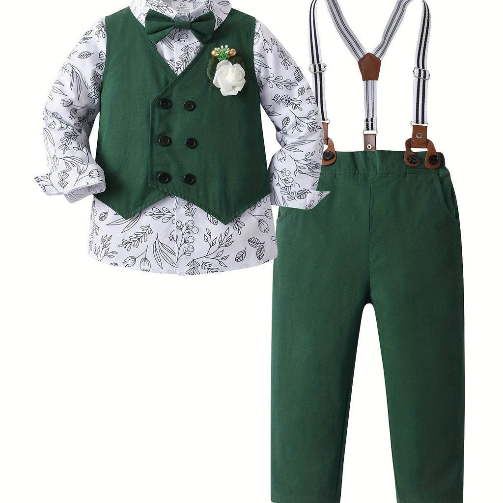 3ocs Boys Formal Gentleman Outfits, Long Sleeve Leaves Print Bowtie Shirt & Suspender Pants & Vest, Kids Clothing Set For Competition Performance Wedding Banquet Dress Outdoor Set