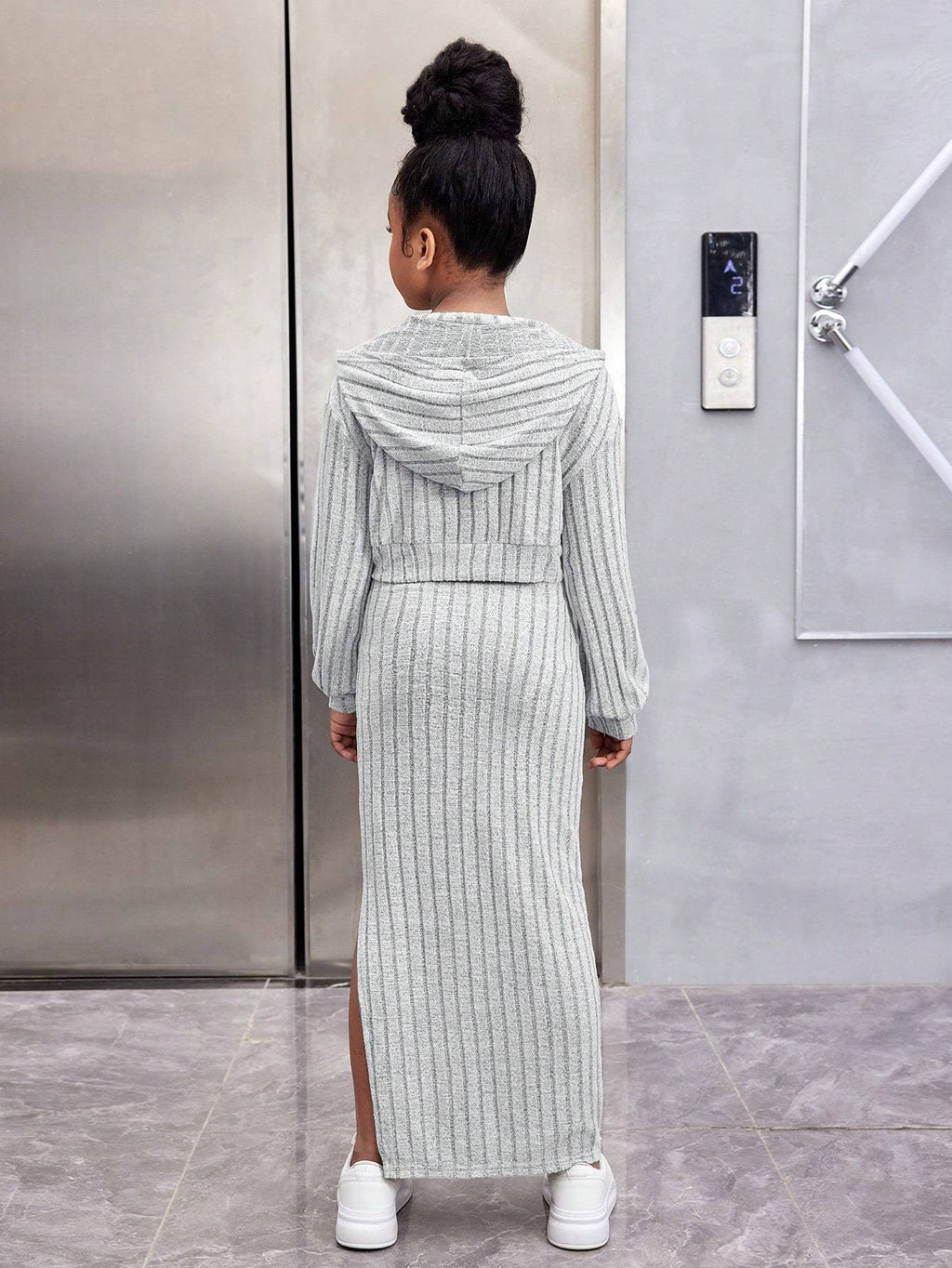 Tween Fashion Casual Versatile Velvet Ribbed V-Neck Hooded Loose Crop Top & Fitted Long Dress 2pcs Set, Perfect for: Young Teens, Style: Fashion, Season: Fall/Winter, Fall Winter Clothing, Stylish Outfit, Trendy Fashion, Qual