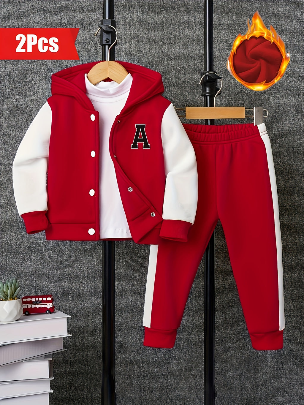 2pcs Boys Color Block Long Sleeve Drop Shoulder Varsity Hooded Baseball Jacket & Casual Pants Outfit for Spring Fall Outdoor Wear, Loose Fit Kids Clothing