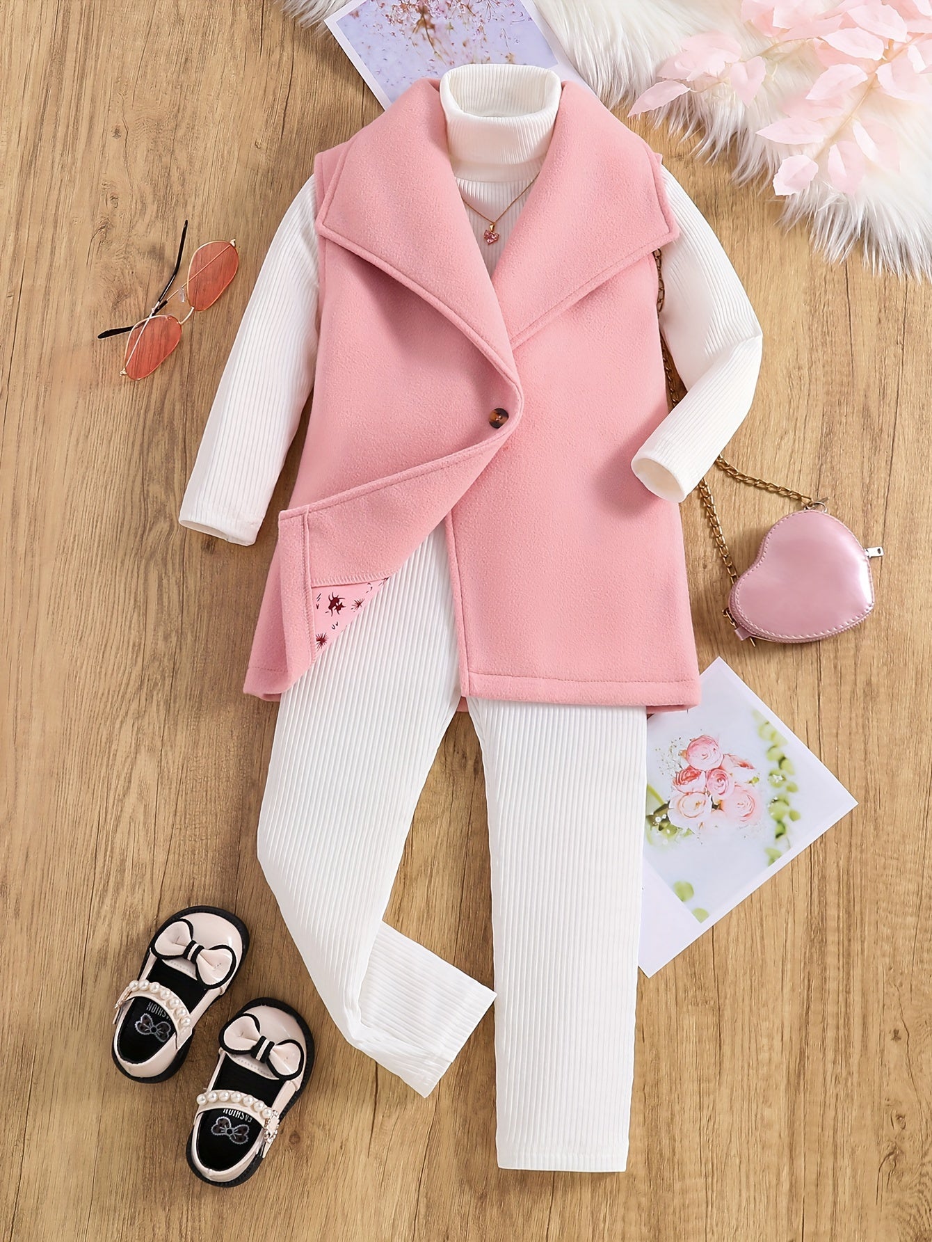 Toddler Girls 3 Packs Set Kids Clothes Solid Lapel Open Front Jacket + Solid Pullover + Pants Set Spring Fall