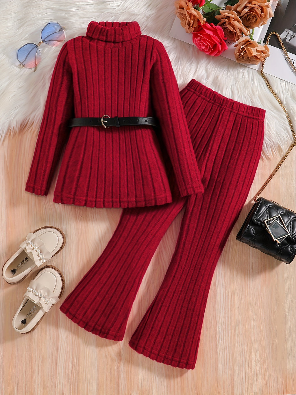 2pcs Girls' Elegant Lady Style Autumn/Winter Set: Soft Knit High-Neck Long-Sleeve Top with Waist Belt and Solid Color Elastic Waist Flared Pants, Simple Fashionable Comfortable Versatile Kids' Clothing for Girls, Perfect for