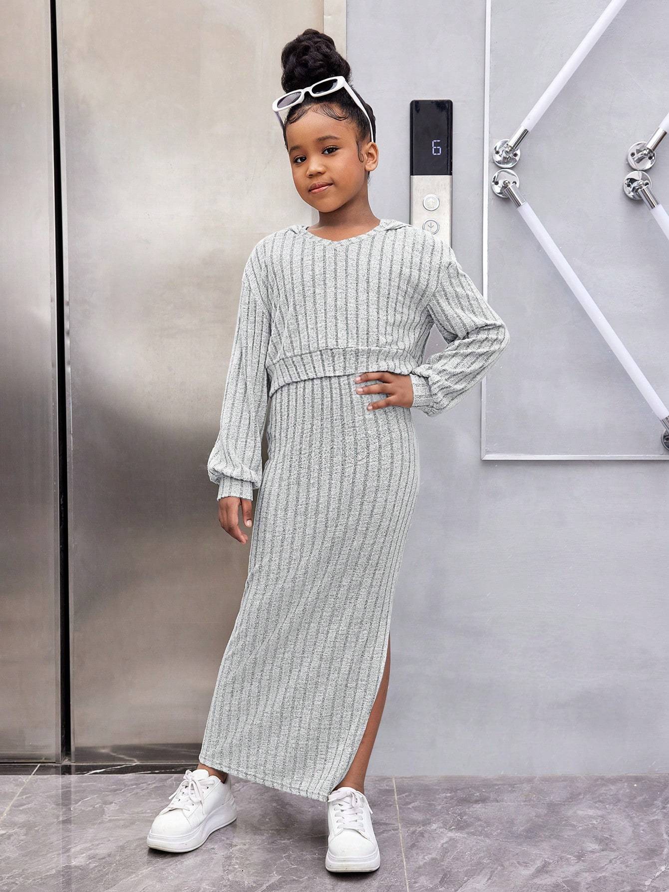 Tween Fashion Casual Versatile Velvet Ribbed V-Neck Hooded Loose Crop Top & Fitted Long Dress 2pcs Set, Perfect for: Young Teens, Style: Fashion, Season: Fall/Winter, Fall Winter Clothing, Stylish Outfit, Trendy Fashion, Qual