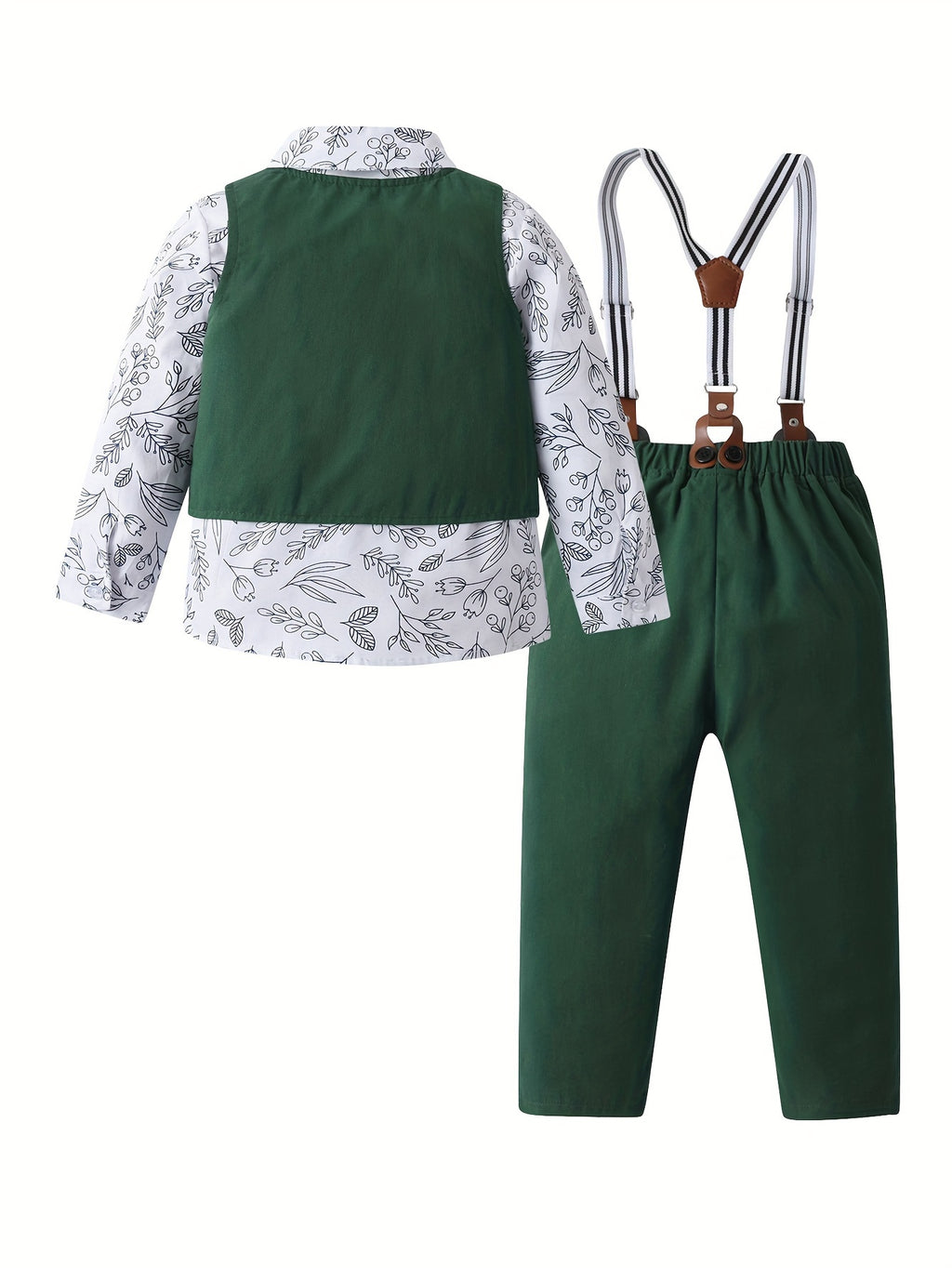 3ocs Boys Formal Gentleman Outfits, Long Sleeve Leaves Print Bowtie Shirt & Suspender Pants & Vest, Kids Clothing Set For Competition Performance Wedding Banquet Dress Outdoor Set